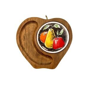 Vintage Wood Cheese Board Server Ceramic Tile Signed Fred Press Sere Fruit MCM